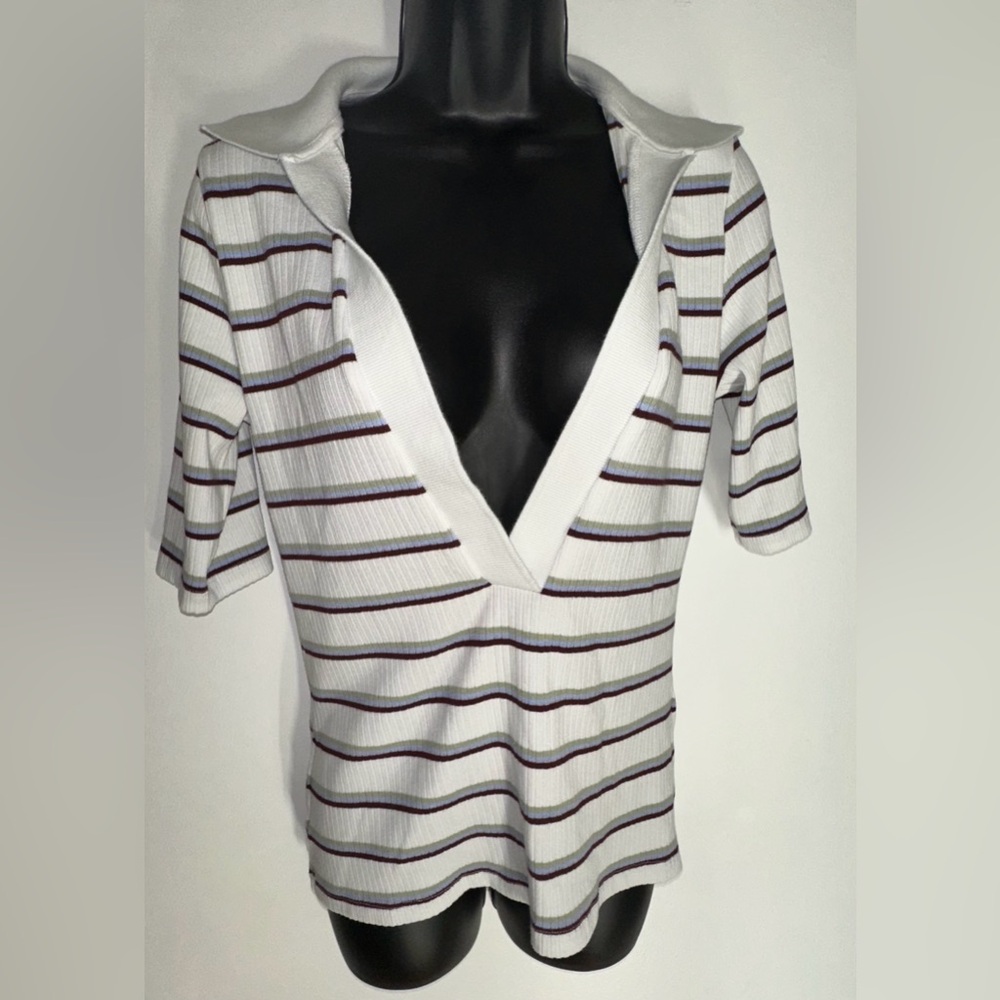 Free People | V-Neck Collard Striped Shirt with Quarter Sleeves